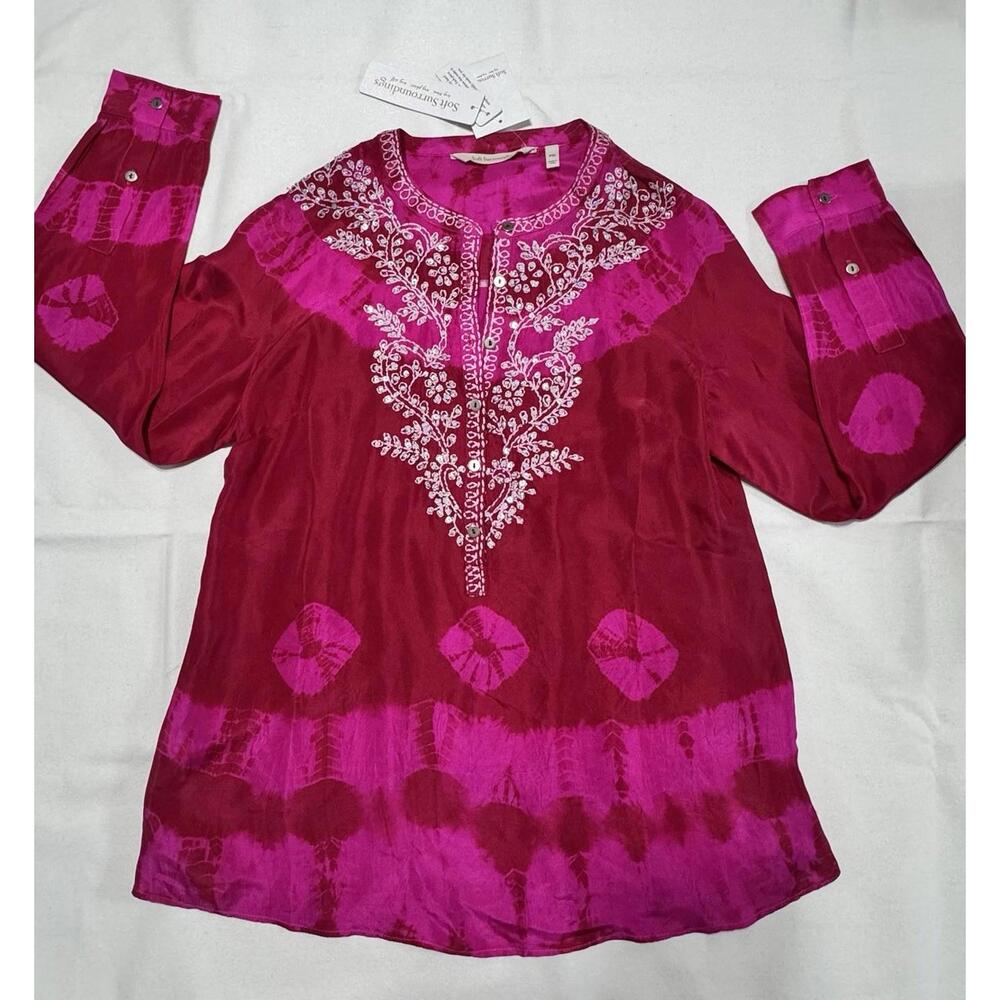 NWT Soft Surroundings 100% Silk Hand Beaded & Embroidered Fuchsia Pullover PXL